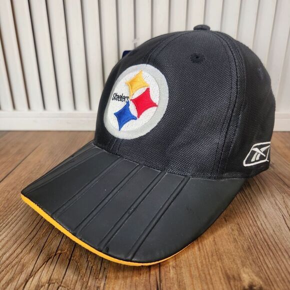 Reebok On Field Pittsburgh Steelers Faux Leather Bill Strapback Hat Cap Black - Picture 1 of 11